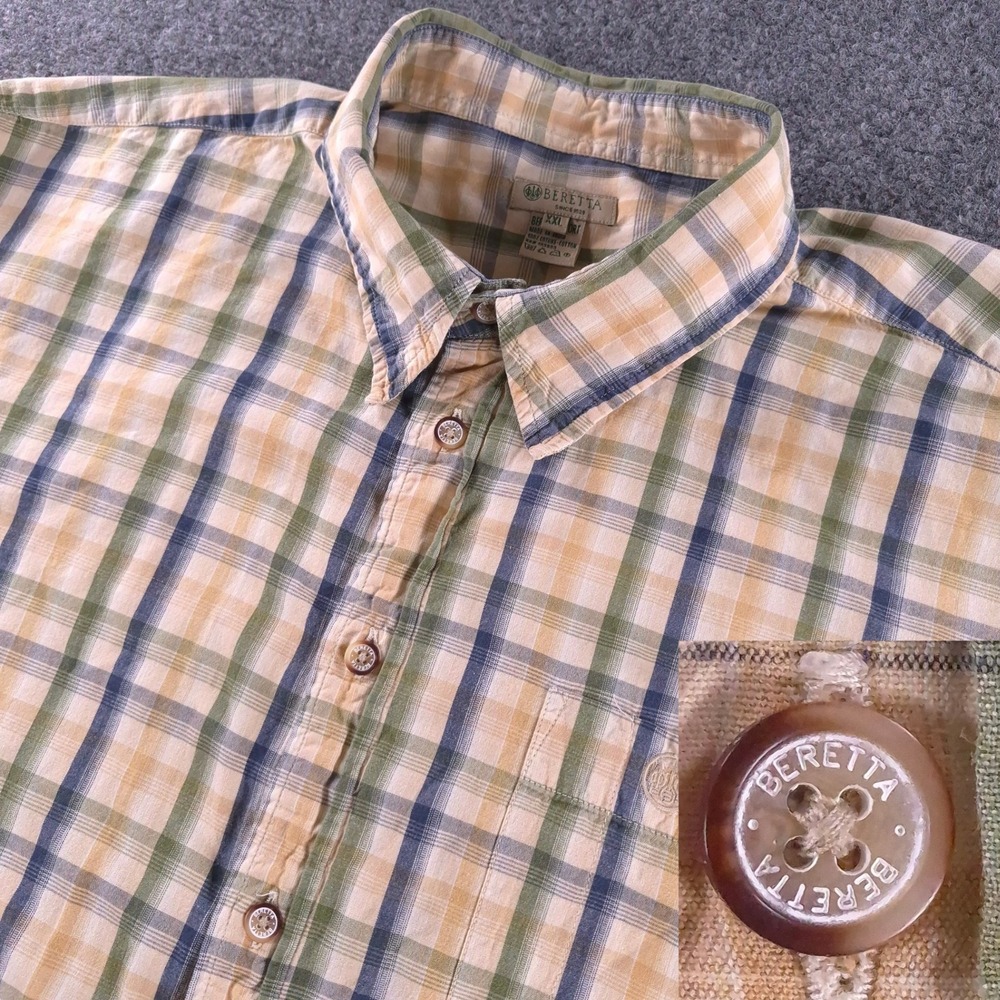 Beretta Sport Mens XXL Long Sleeve Plaid Button Down Shirt Tan Green Cotton VTG